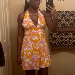 Groovy open back halter mini dress